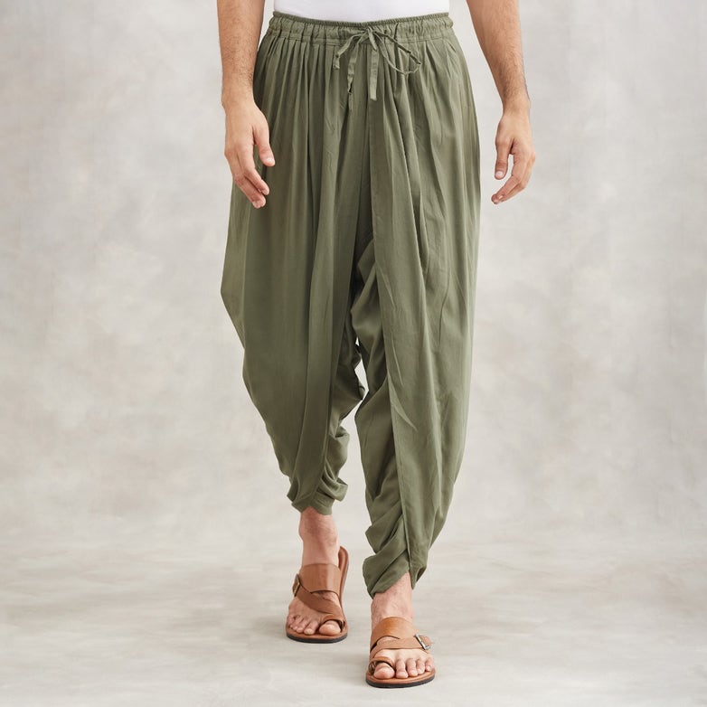 Isha’s signature. Ready to wear Men Dhoti Pants (Olive) / Panchakacham. Easy to pull on. Versatile. Comfortable for both casual and formal wear.
