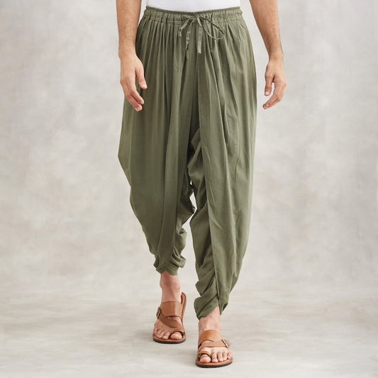 Isha’s signature. Ready to wear Men Dhoti Pants (Olive) / Panchakacham. Easy to pull on. Versatile. Comfortable for both casual and formal wear.