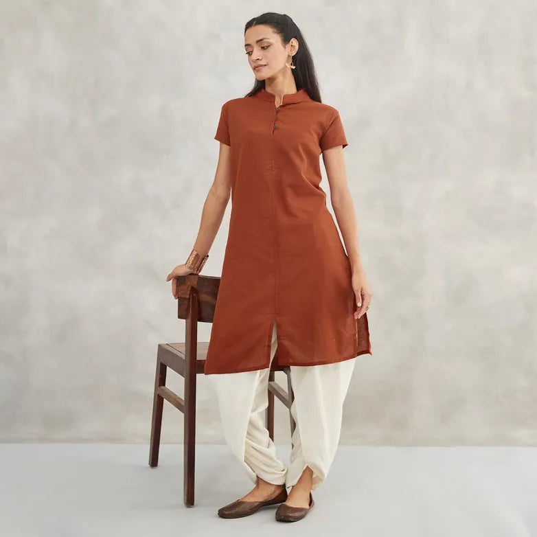 Women's 100% Organic Cotton Kurta with Embroidered "Aum" - Maroon