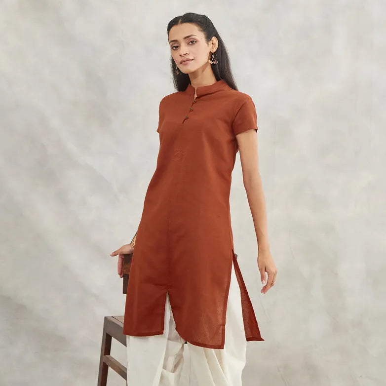 Women's 100% Organic Cotton Kurta with Embroidered "Aum" - Maroon