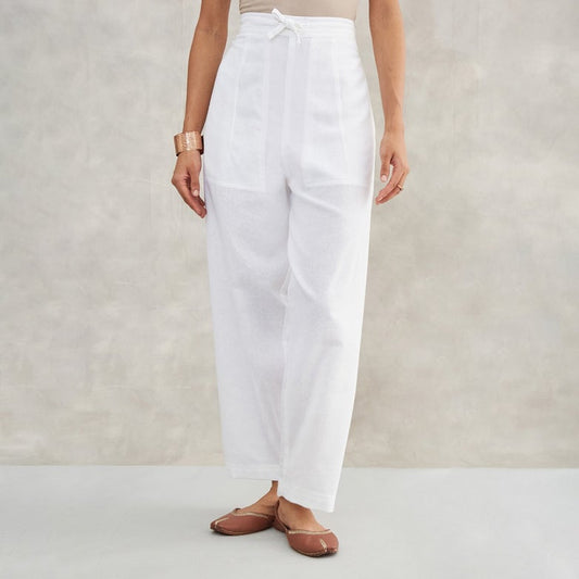 Women Organic Cotton Knitted Drawstring Pants - White