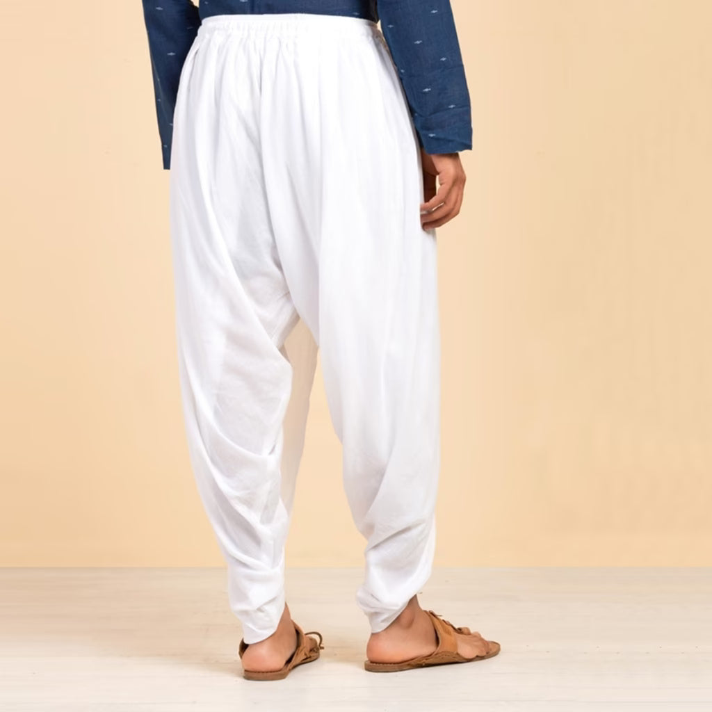 Isha’s signature. Ready to wear Unisex Dhoti Pants (White) / Panchakacham. Easy to pull on. Versatile. Comfortable for both casual and formal wear.