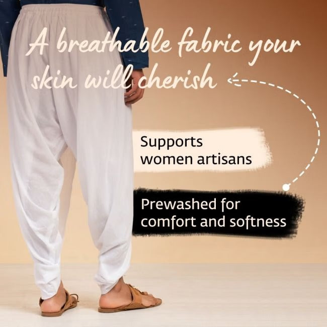 Isha’s signature. Ready to wear Unisex Dhoti Pants (White) / Panchakacham. Easy to pull on. Versatile. Comfortable for both casual and formal wear.