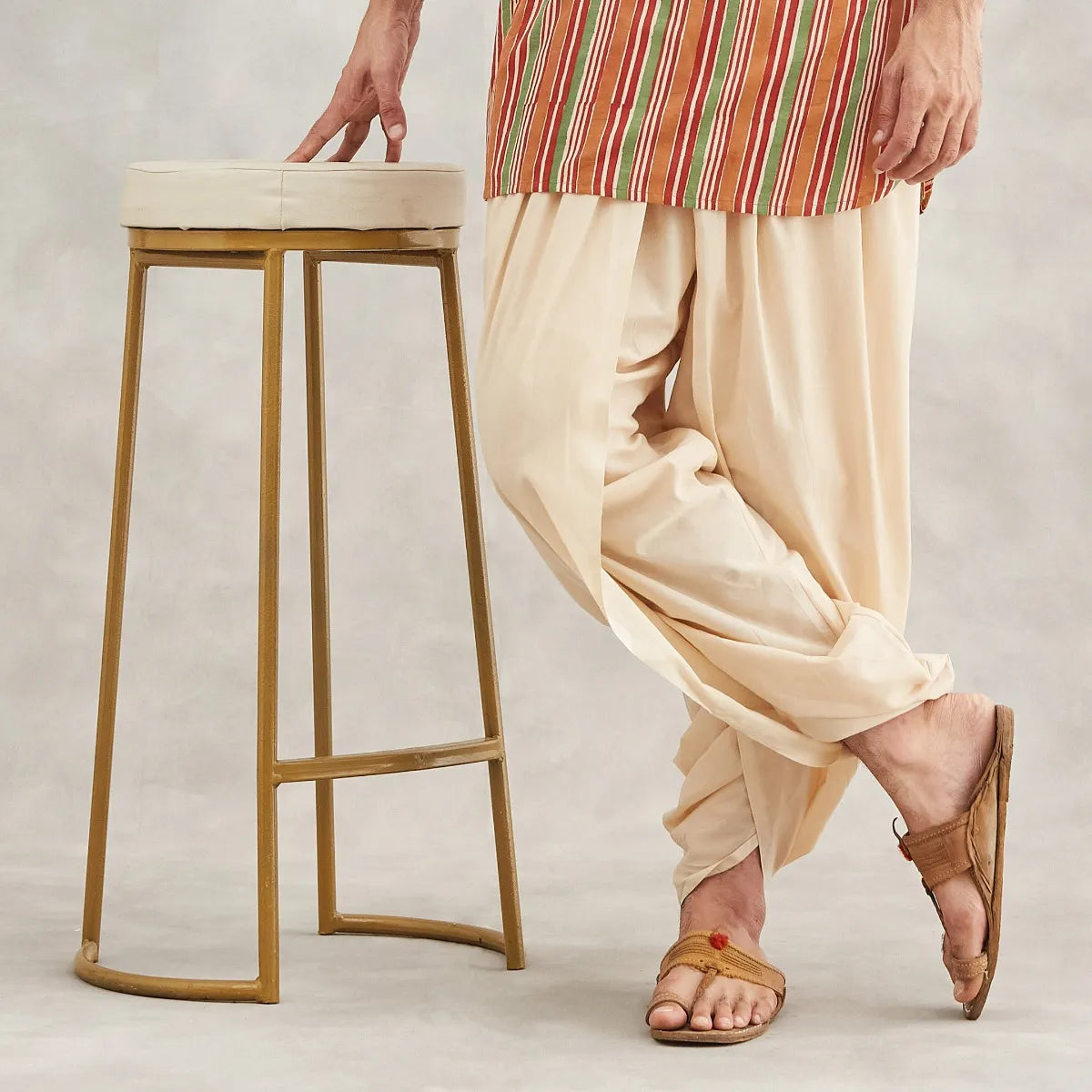 Isha’s signature. Ready to wear Men Dhoti Pants (Beige) / Panchakacham. Organic cotton. Easy to pull on. Versatile. Comfortable for both casual and formal wear.