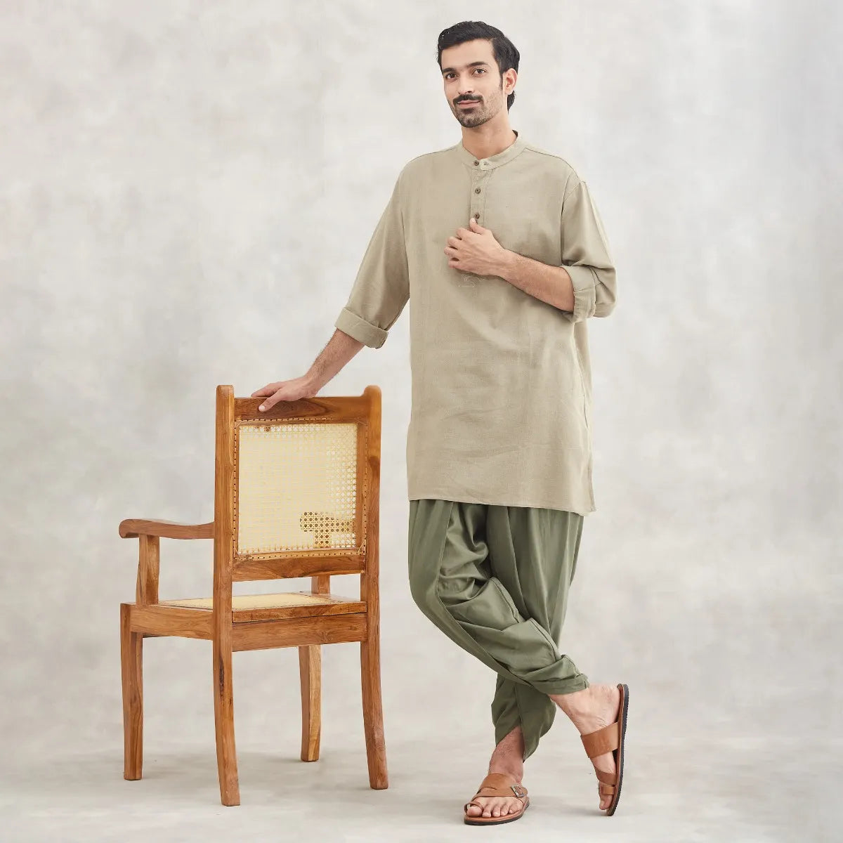 Isha’s signature. Ready to wear Men Dhoti Pants (Olive) / Panchakacham. Easy to pull on. Versatile. Comfortable for both casual and formal wear.