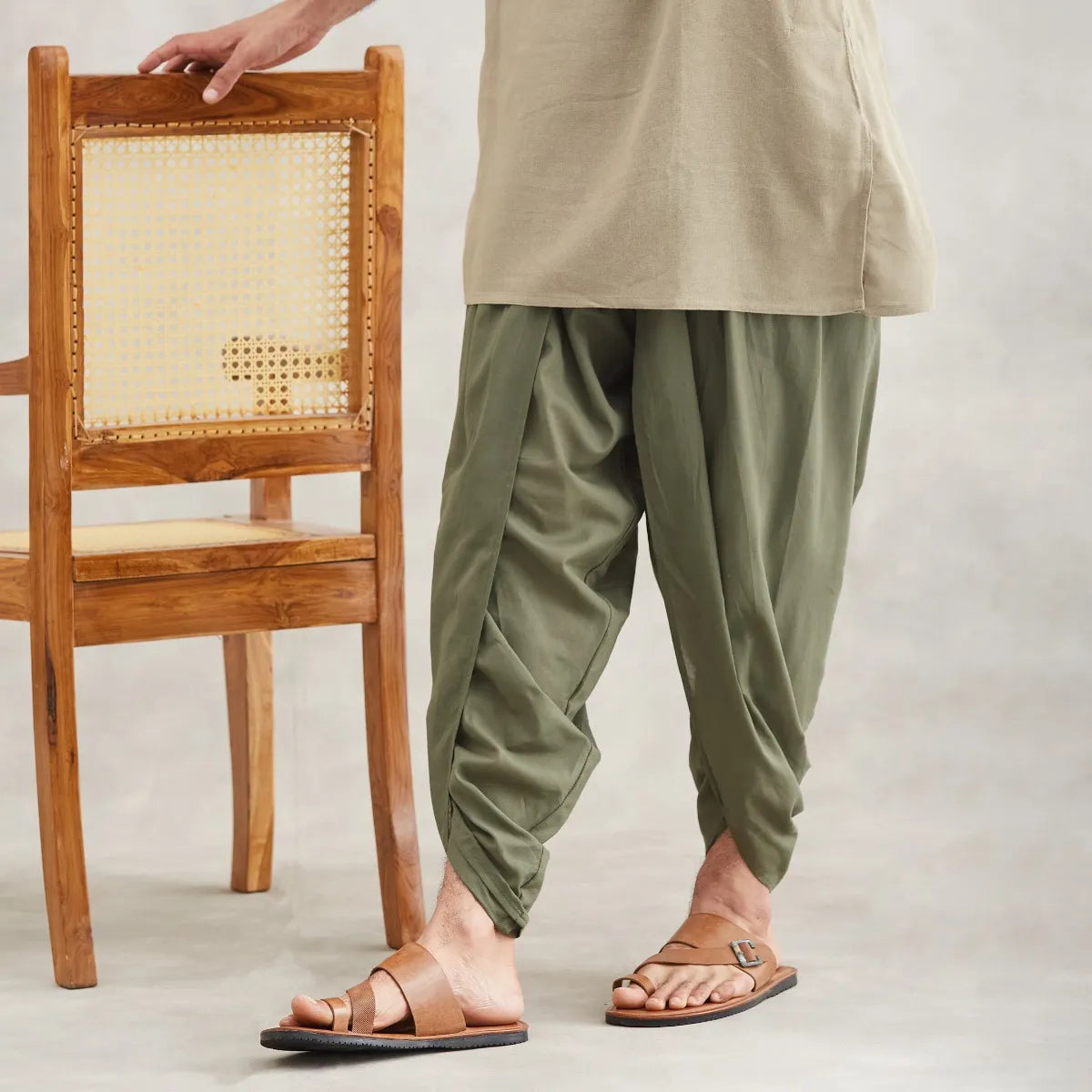 Isha’s signature. Ready to wear Men Dhoti Pants (Olive) / Panchakacham. Easy to pull on. Versatile. Comfortable for both casual and formal wear.