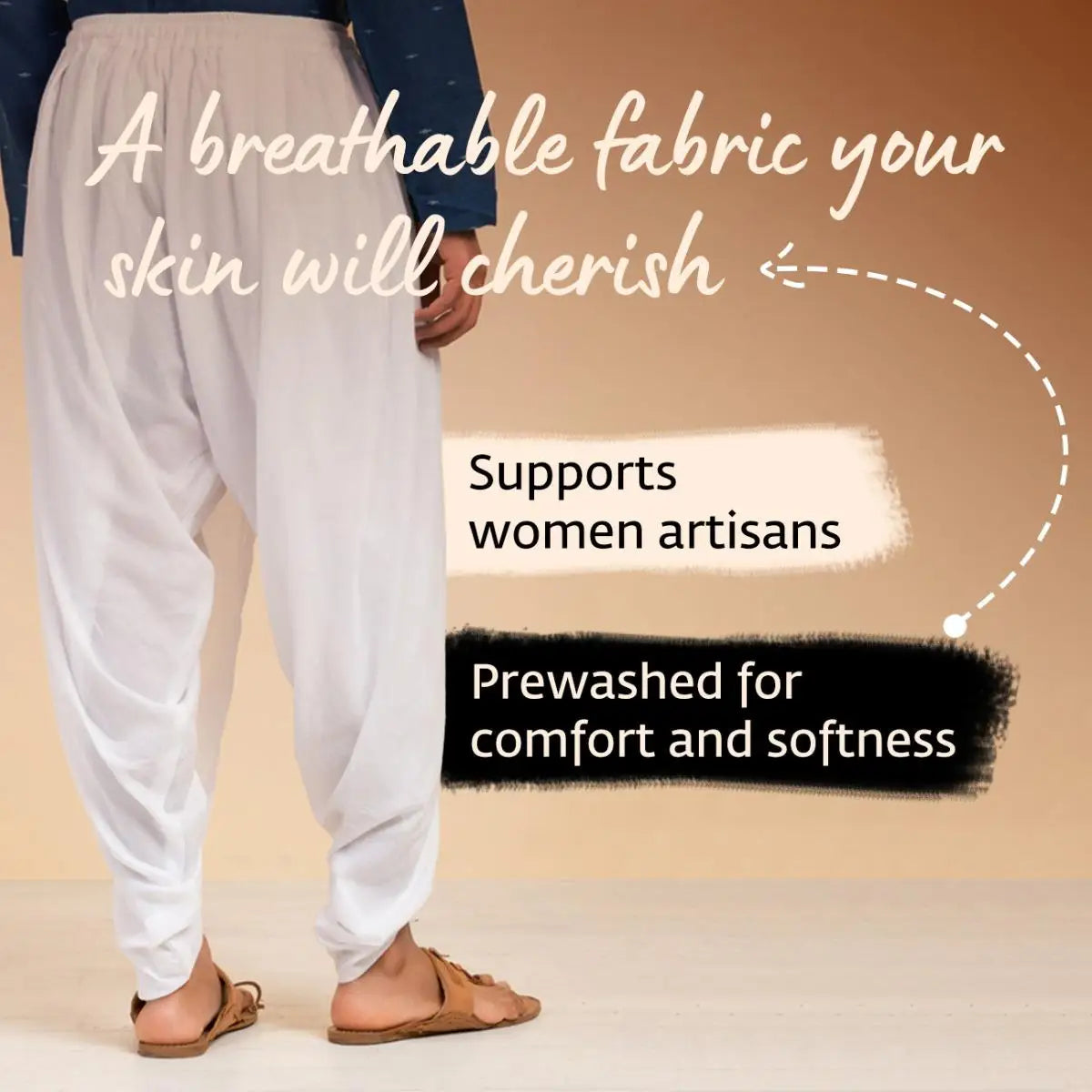 Isha’s signature. Ready to wear Men Dhoti Pants (Beige) / Panchakacham. Organic cotton. Easy to pull on. Versatile. Comfortable for both casual and formal wear.