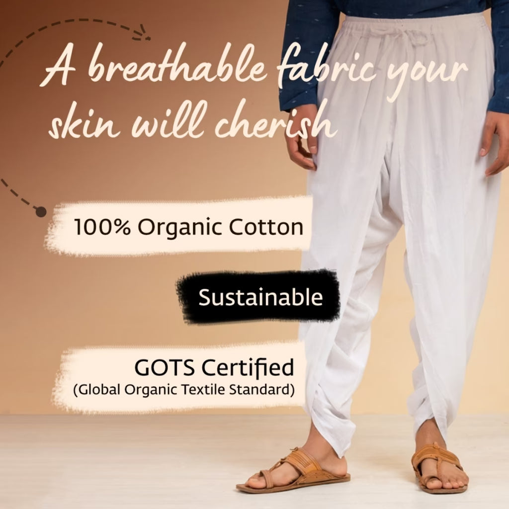 Isha’s signature. Ready to wear Unisex Dhoti Pants (White) / Panchakacham. Easy to pull on. Versatile. Comfortable for both casual and formal wear.